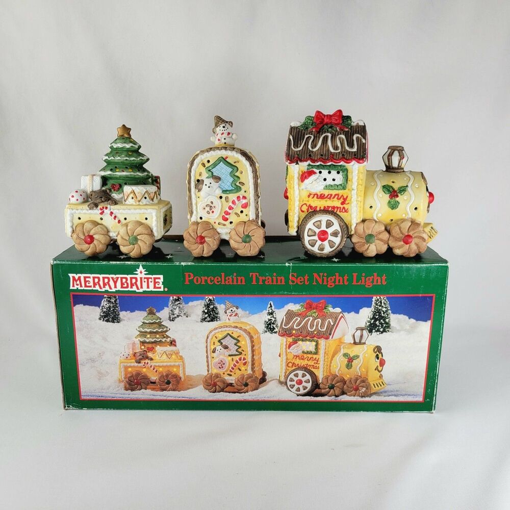 Vintage Merry Brite Gingerbread Train Night Light Porcelain Set Christmas - READ